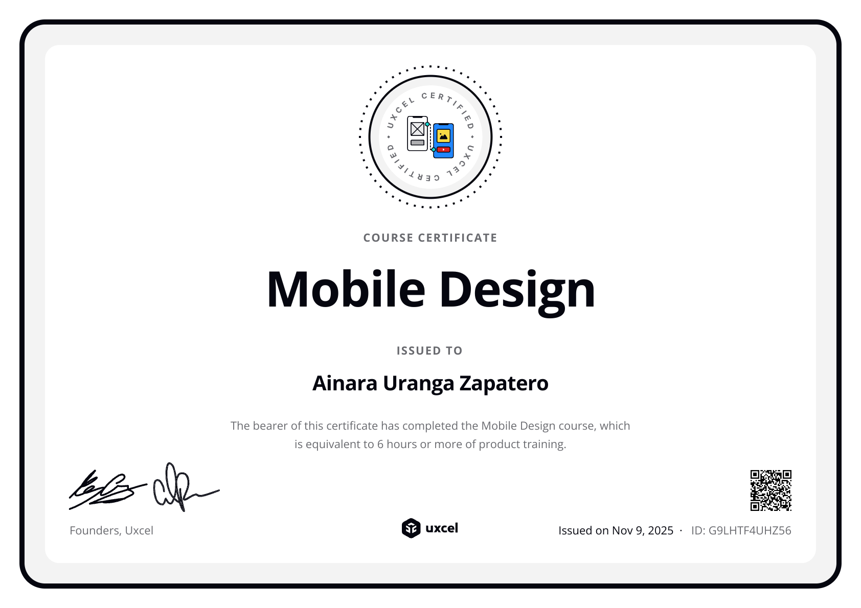 Ainara's certificate
